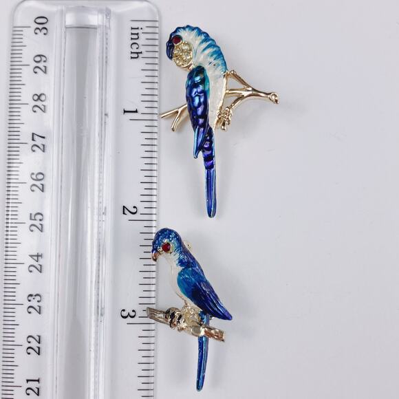 VTG Enamel Blue Bird Brooch Pair 1980s 1990s Gold Tone Rhinestone Figural Pins - Picture 11 of 11